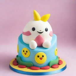 A delightful cake inspired by the Pokemon Togepi, topped with an expertly crafted edible figure of the character, surrounded by whimsical icing decorations reminiscent of its egg shell design