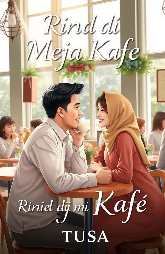 A romantic novel cover titled "Rindu di Meja Kafe" by TUSA