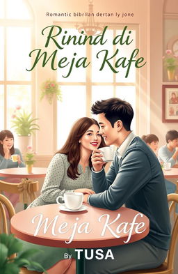 A romantic novel cover titled "Rindu di Meja Kafe" by TUSA