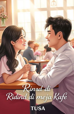 A romantic novel cover titled "Rindu di Meja Kafe" by TUSA