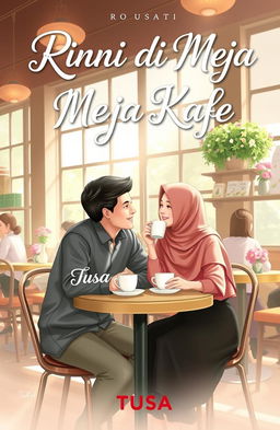 A romantic novel cover titled "Rindu di Meja Kafe" by TUSA