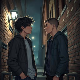 A suspenseful scene depicting the climax of a senior year high school thriller, featuring two teenage boys in a passionate MM romance