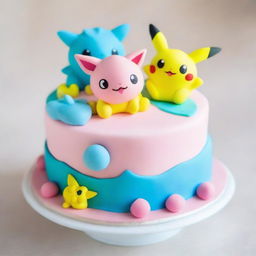 A heartwarmingly cute Pokemon-themed cake, adorned with edible figures of Jigglypuff, Squirtle, and Pikachu playfully interacting atop a frosting landscape, complete with a sugarcrafted Poké Ball