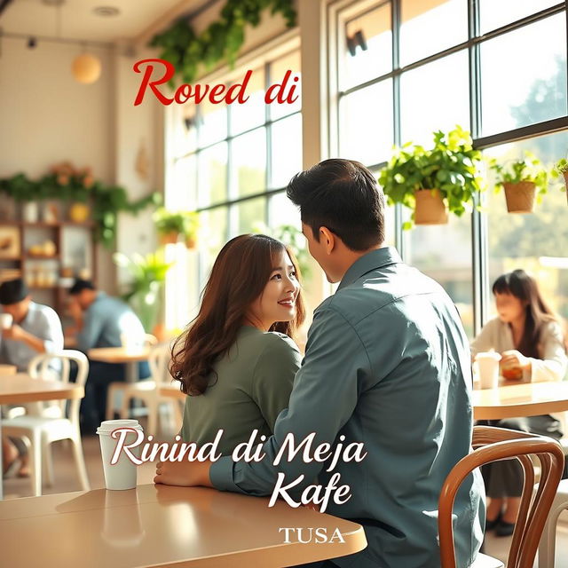 A romantic novel cover titled "Rindu di Meja Kafe" by TUSA