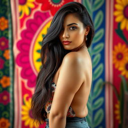 A 35-year-old Latina woman with dark hair that flows beautifully down her back
