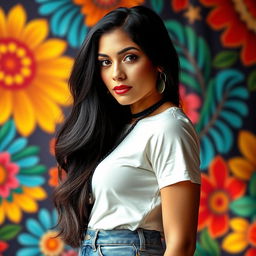 A 35-year-old Latina woman with dark hair that flows beautifully down her back