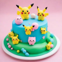 A heartwarmingly cute Pokemon-themed cake, adorned with edible figures of Jigglypuff, Squirtle, and Pikachu playfully interacting atop a frosting landscape, complete with a sugarcrafted Poké Ball