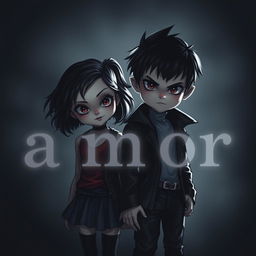 A cute but slightly sinister-looking young girl and boy, standing together in a dark, moody setting