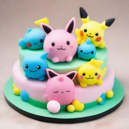 A heartwarmingly cute Pokemon-themed cake, adorned with edible figures of Jigglypuff, Squirtle, and Pikachu playfully interacting atop a frosting landscape, complete with a sugarcrafted Poké Ball