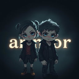 A cute but slightly sinister-looking young girl and boy, standing together in a dark, moody setting