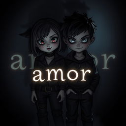 A cute but slightly sinister-looking young girl and boy, standing together in a dark, moody setting