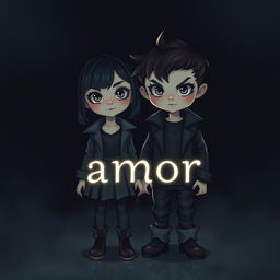 A cute but slightly sinister-looking young girl and boy, standing together in a dark, moody setting