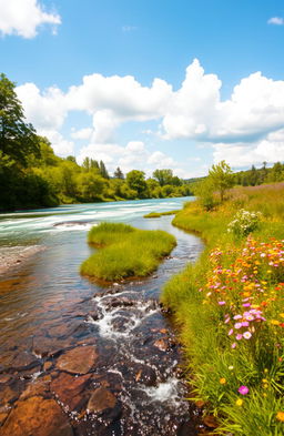 A serene and dreamy landscape with flowing water, surrounded by lush green trees and colorful wildflowers