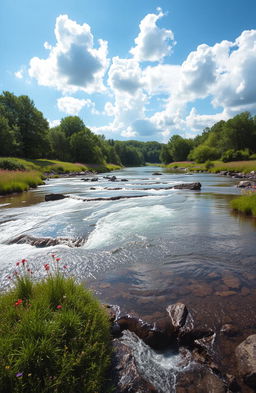 A serene and dreamy landscape with flowing water, surrounded by lush green trees and colorful wildflowers