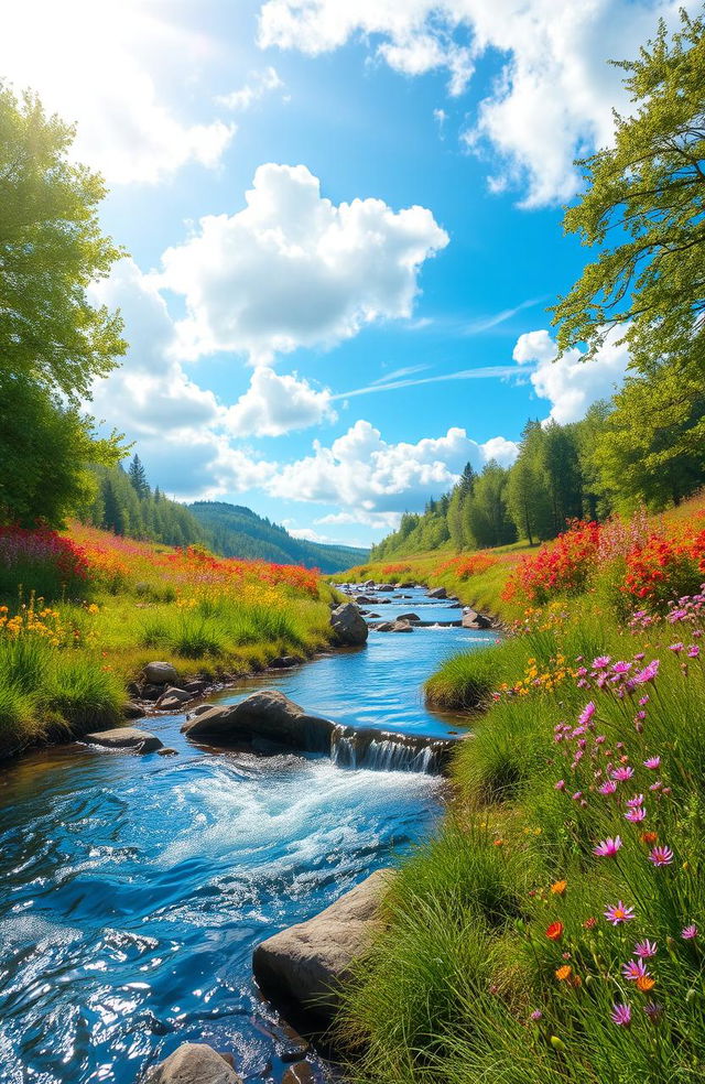 A serene and dreamy landscape with flowing water, surrounded by lush green trees and colorful wildflowers