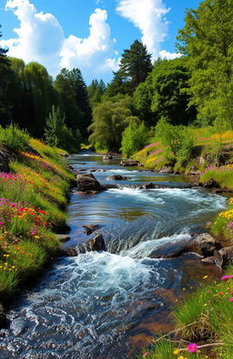 A serene and dreamy landscape with flowing water, surrounded by lush green trees and colorful wildflowers