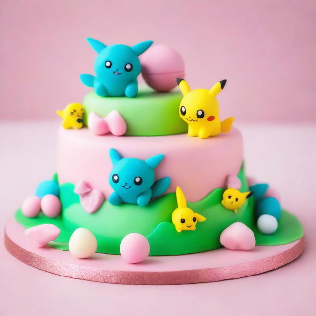 A heartwarmingly cute Pokemon-themed cake, adorned with edible figures of Jigglypuff, Squirtle, and Pikachu playfully interacting atop a frosting landscape, complete with a sugarcrafted Poké Ball