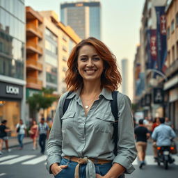 A highly realistic photo taken on an iPhone 14 Pro, featuring a positive 35-year-old woman of Jewish-Arab descent with chestnut hair