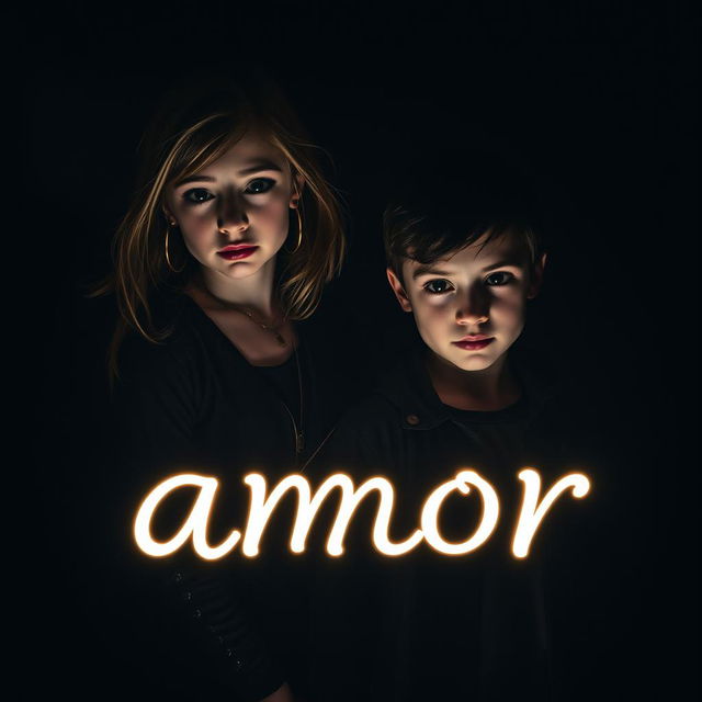 A photograph of a stylish young girl and a charming boy, both with a slightly mischievous and sinister vibe, set against a dark, atmospheric background