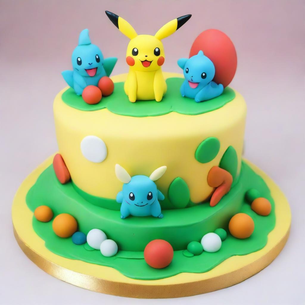 An irresistibly cute Pokemon-themed cake, featuring edible figures of Pikachu, Bulbasaur, and Charmander interacting playfully together on a landscape of frosting, complete with a detailed Poké ball