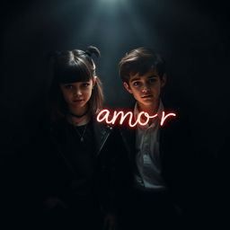 A photograph of a stylish young girl and a charming boy, both with a slightly mischievous and sinister vibe, set against a dark, atmospheric background
