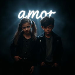 A photograph of a stylish young girl and a charming boy, both with a slightly mischievous and sinister vibe, set against a dark, atmospheric background