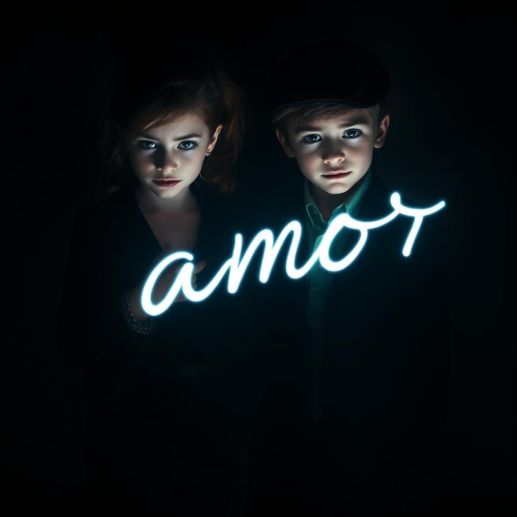 A photograph of a stylish young girl and a charming boy, both with a slightly mischievous and sinister vibe, set against a dark, atmospheric background