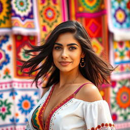 A 35-year-old Latina woman with flowing dark hair and captivating features, showcasing her cultural heritage