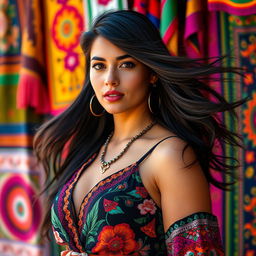 A 35-year-old Latina woman with flowing dark hair and captivating features, showcasing her cultural heritage