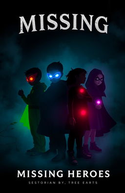 A dark and gloomy book cover featuring four kids in hero outfits that resemble silhouettes