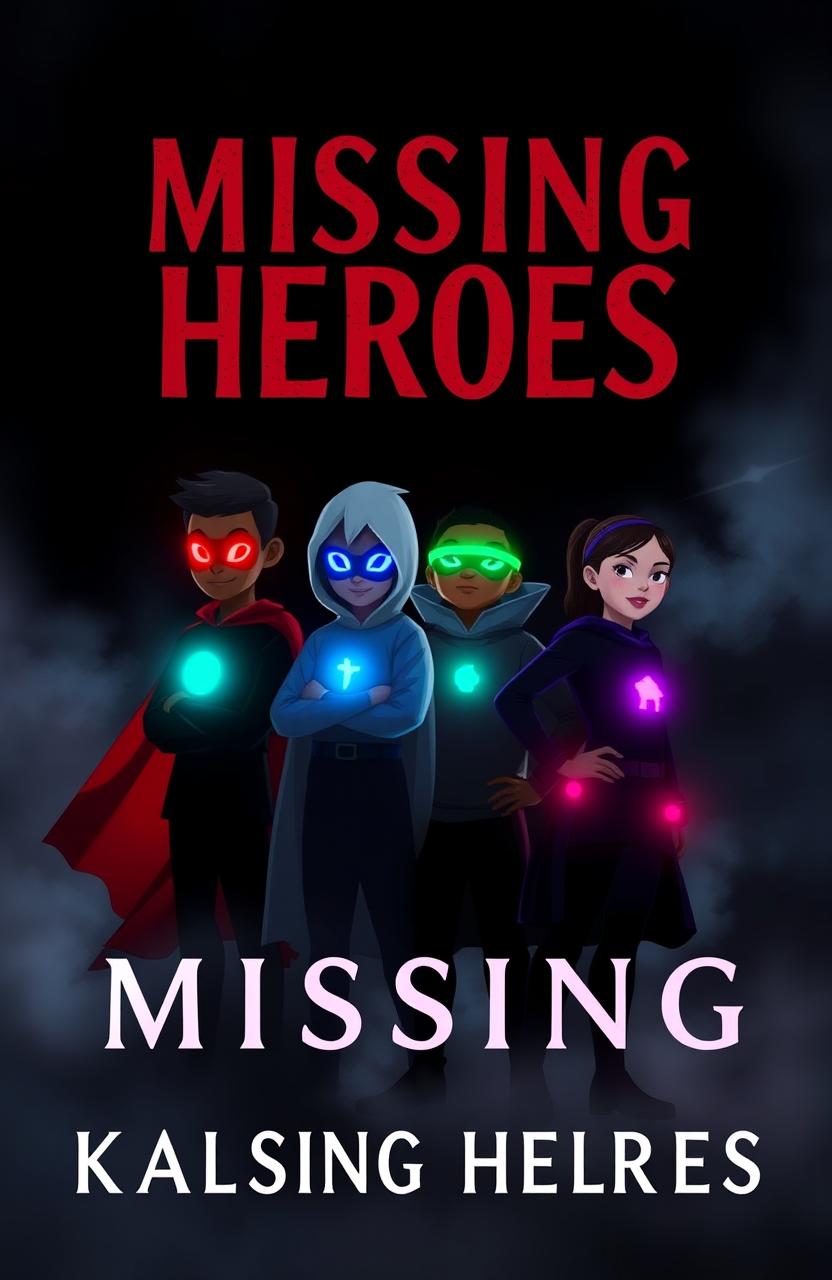 A dark and gloomy book cover featuring four kids in hero outfits that resemble silhouettes