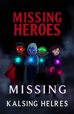 A dark and gloomy book cover featuring four kids in hero outfits that resemble silhouettes