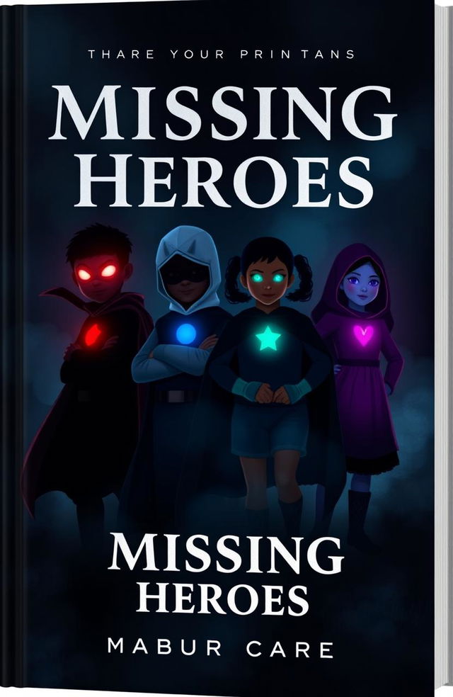 A dark and gloomy book cover featuring four kids in hero outfits that resemble silhouettes