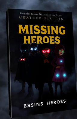 A dark and gloomy book cover featuring four kids in hero outfits that resemble silhouettes