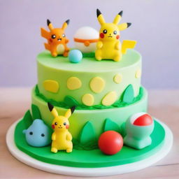 An irresistibly cute Pokemon-themed cake, featuring edible figures of Pikachu, Bulbasaur, and Charmander interacting playfully together on a landscape of frosting, complete with a detailed Poké ball