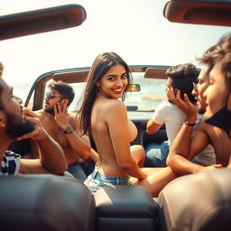 A lively and playful scene featuring a hot, cute 18-year-old Indian girl with long legs in a convertible car during a road trip in Goa
