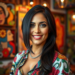 A 35-year-old Latina woman with striking dark hair that elegantly frames her face