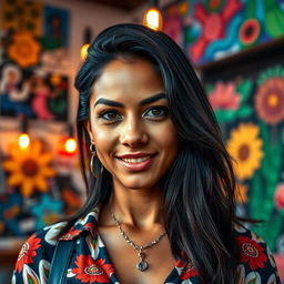 A 35-year-old Latina woman with striking dark hair that elegantly frames her face
