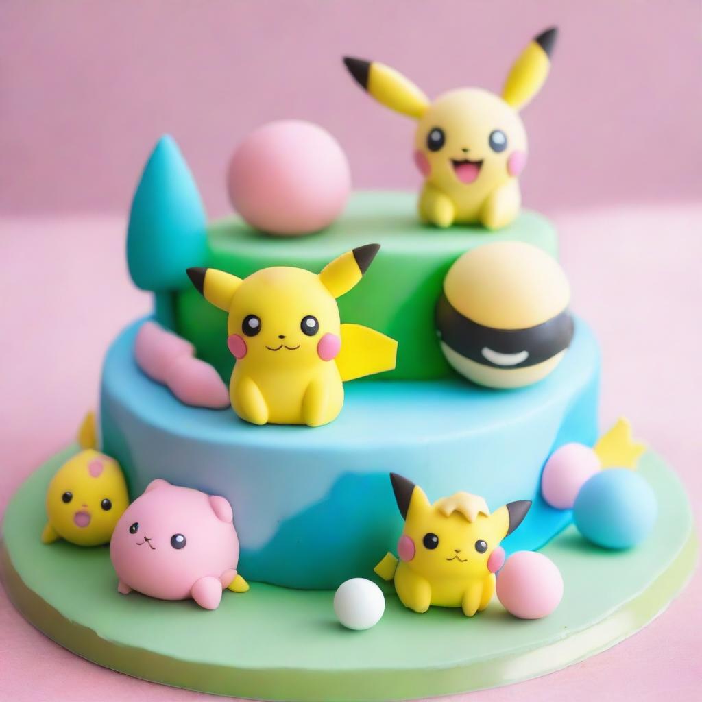 A charmingly cute Pokemon-themed cake, adorned with edible figures of Pikachu, Eevee, and Jigglypuff playfully interacting on a frosting landscape, finished off with a detailed Poké Ball