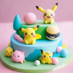 A charmingly cute Pokemon-themed cake, adorned with edible figures of Pikachu, Eevee, and Jigglypuff playfully interacting on a frosting landscape, finished off with a detailed Poké Ball