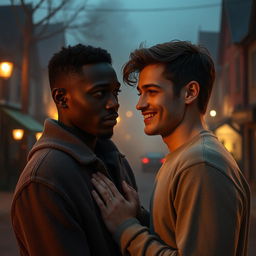 In a small, atmospheric town enveloped in a moody twilight ambiance, an interracial romance blossoms between a black man and a white man