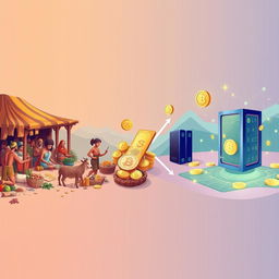 A captivating illustration depicting the evolution from barter to blockchain