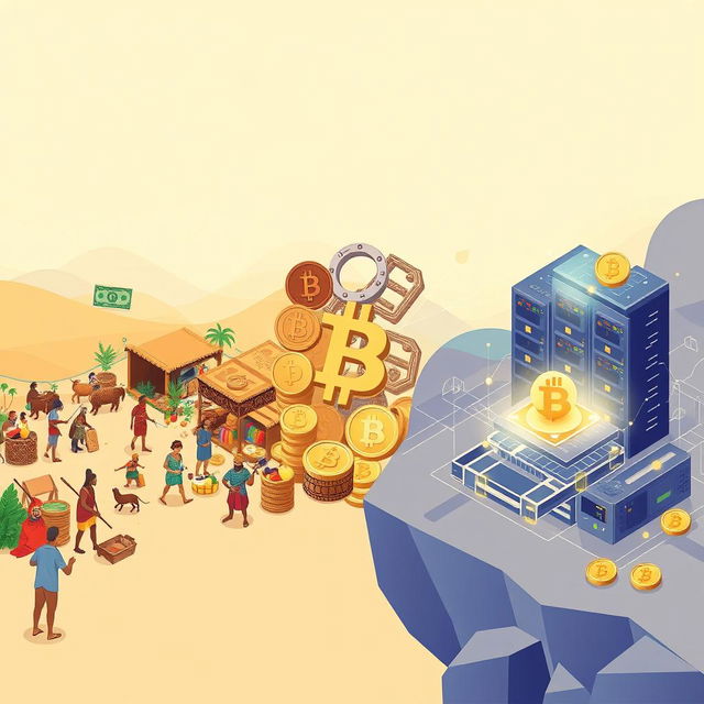 A captivating illustration depicting the evolution from barter to blockchain