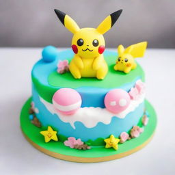 A charmingly cute Pokemon-themed cake, adorned with edible figures of Pikachu, Eevee, and Jigglypuff playfully interacting on a frosting landscape, finished off with a detailed Poké Ball