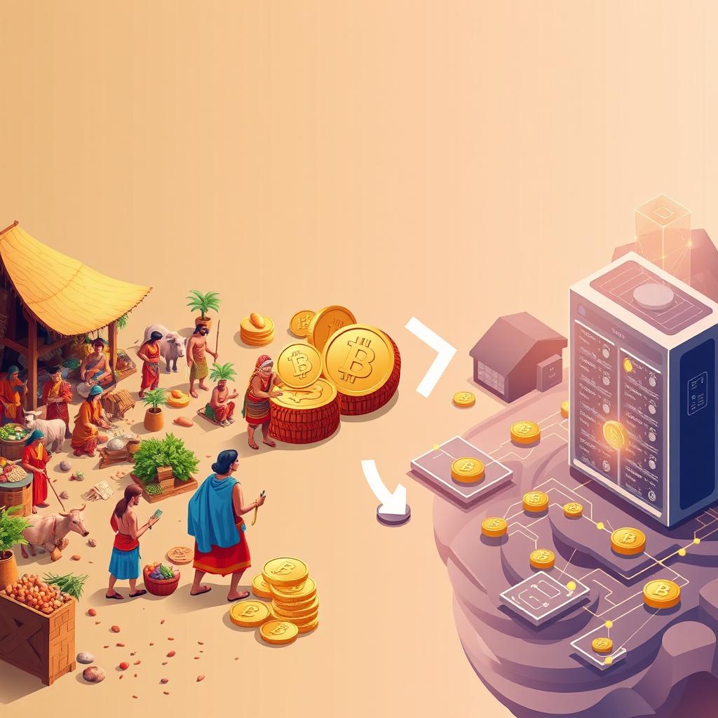 A captivating illustration depicting the evolution from barter to blockchain