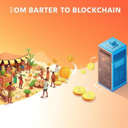 A captivating illustration depicting the evolution from barter to blockchain