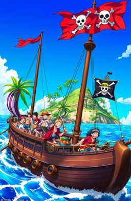 A vibrant and adventurous scene inspired by the world of One Piece, featuring a lively pirate crew aboard a grand ship with colorful sails, sailing through a vast, sparkling ocean under a bright blue sky