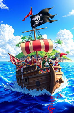 A vibrant and adventurous scene inspired by the world of One Piece, featuring a lively pirate crew aboard a grand ship with colorful sails, sailing through a vast, sparkling ocean under a bright blue sky