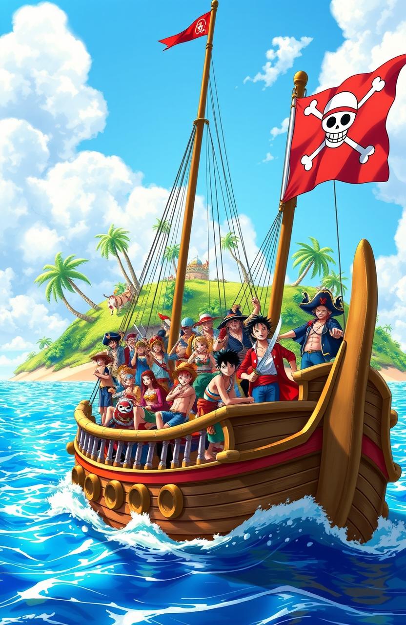 A vibrant and adventurous scene inspired by the world of One Piece, featuring a lively pirate crew aboard a grand ship with colorful sails, sailing through a vast, sparkling ocean under a bright blue sky