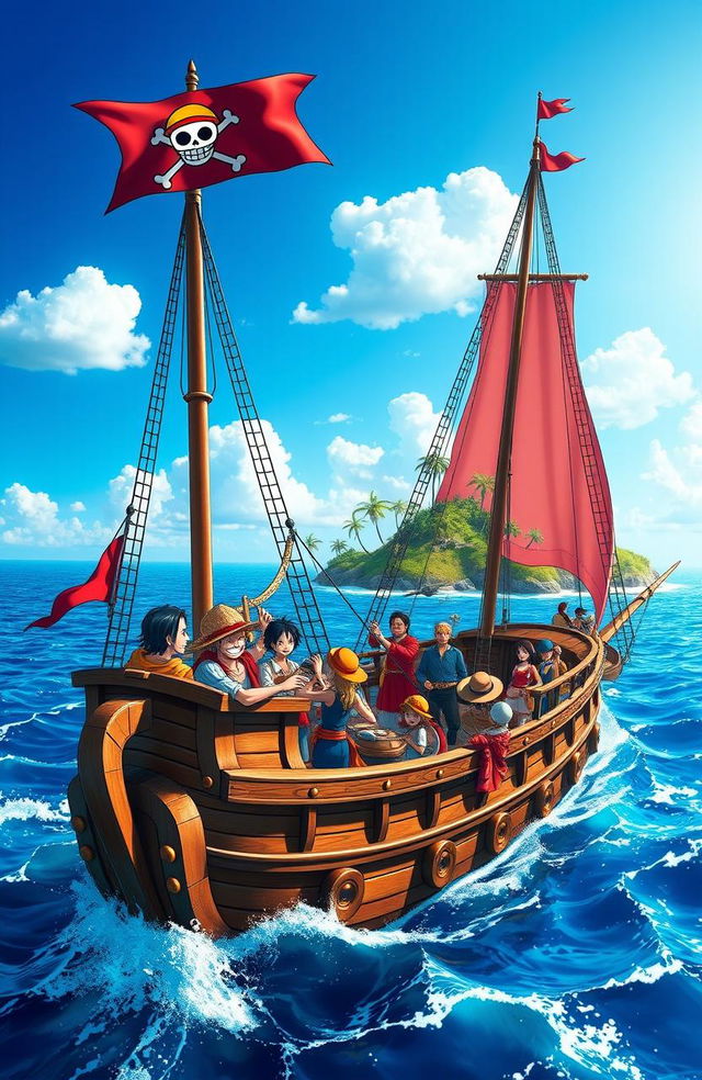 A vibrant and adventurous scene inspired by the world of One Piece, featuring a lively pirate crew aboard a grand ship with colorful sails, sailing through a vast, sparkling ocean under a bright blue sky